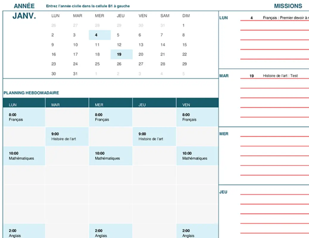 Calendrier pour étudiant (lun.) blue modern-simple