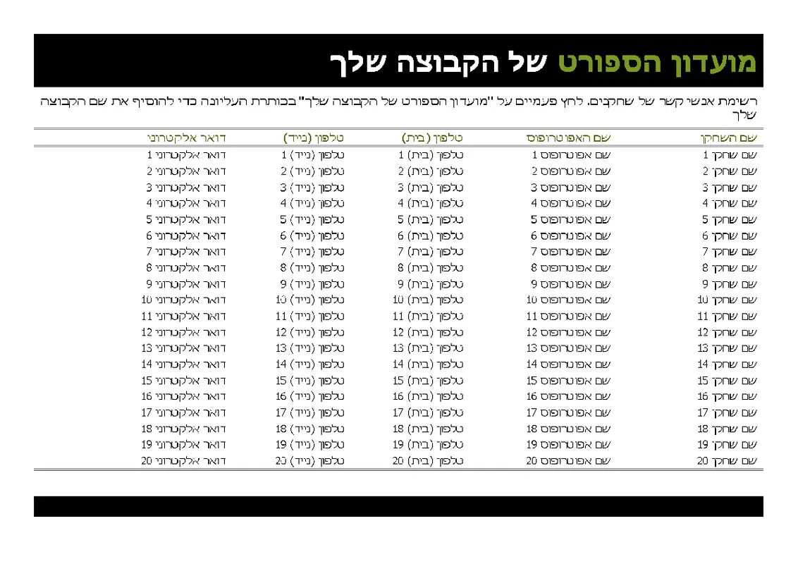 רשימת אנשי קשר עבור קבוצת ספורט נוער