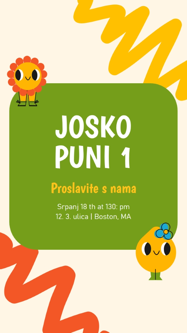 Prva pozivnica za rođendan green whimsical,bold,graphic,bright,emoji,motif,