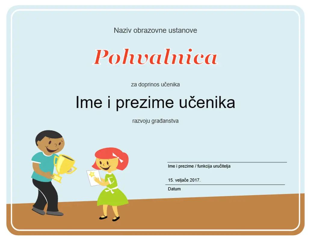 Pohvalnica (za osnovnoškolce)