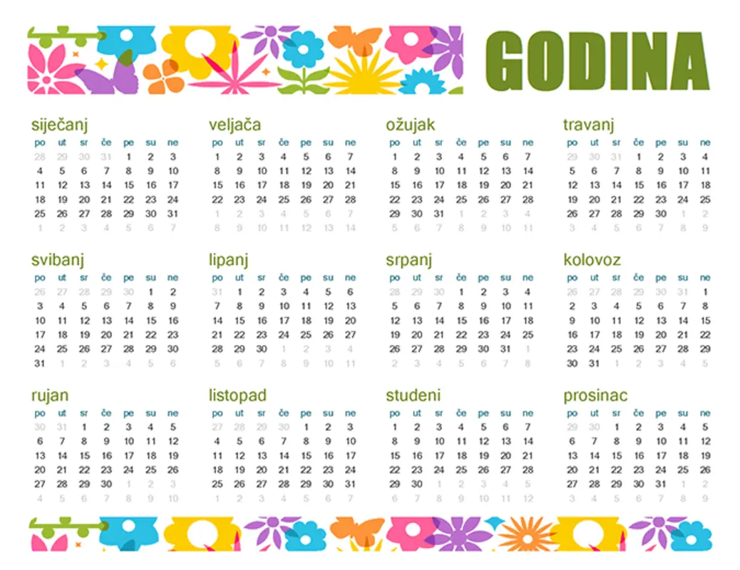Razigran kalendar za svaku godinu green modern-bold