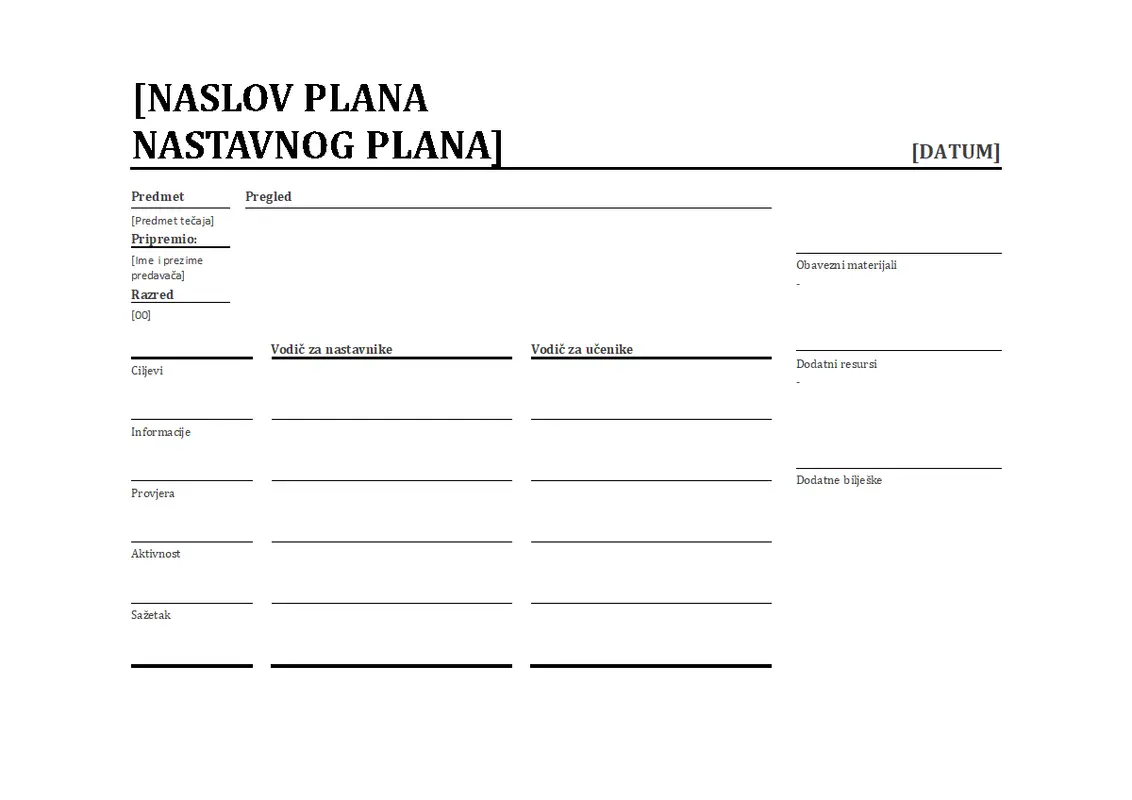 Svakodnevni plan nastavnog sata modern simple