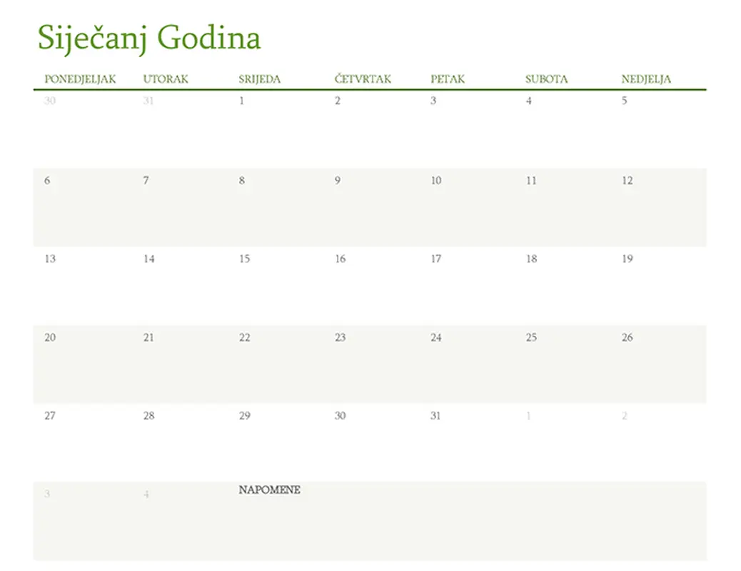 Kalendar za bilo koju godinu (1 mjesec po kartici)
