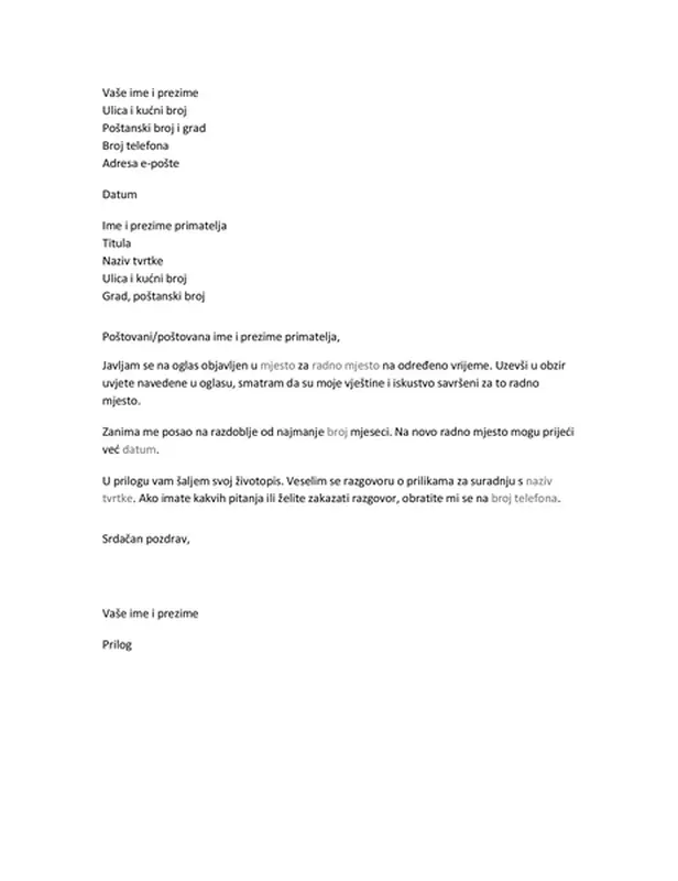 Popratno pismo za privremeno radno mjesto