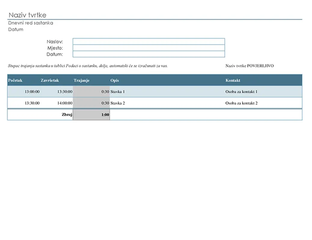 Dnevni red sastanka s prilagodljivim vremenima modern simple