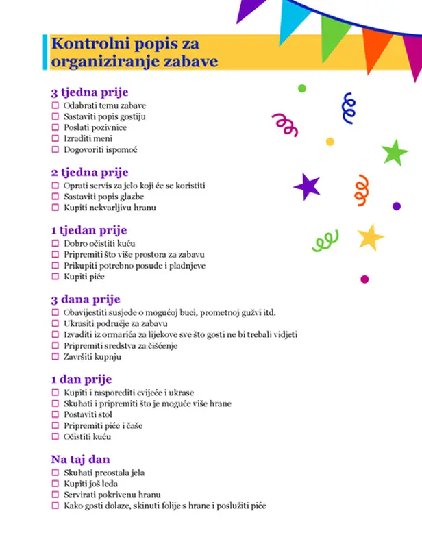 Kontrolni popis za organiziranje zabave