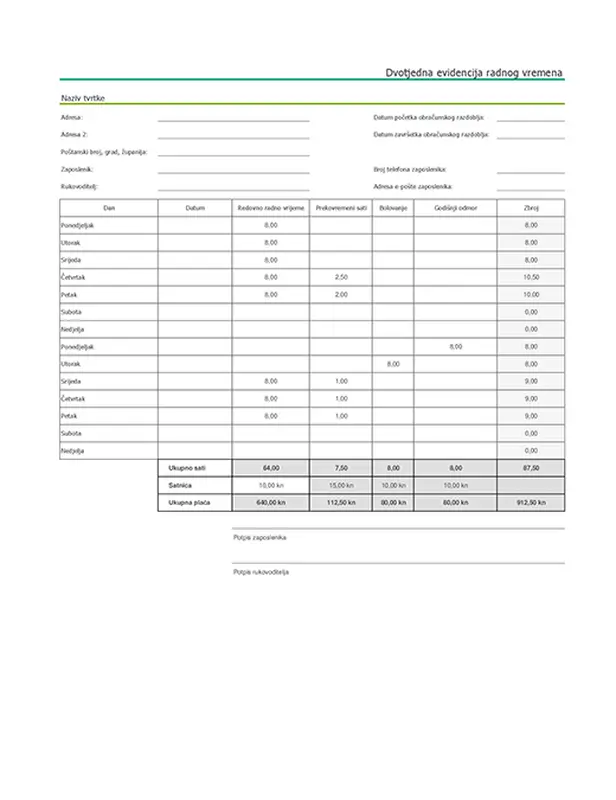 Dvotjedna evidencija radnog vremena s bolovanjem i godišnjim odmorom (i oglednim podacima) modern simple