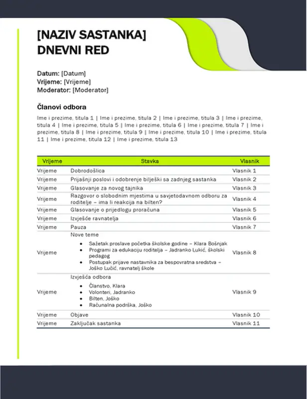 Dnevni red sastanka u obrazovnim ustanovama