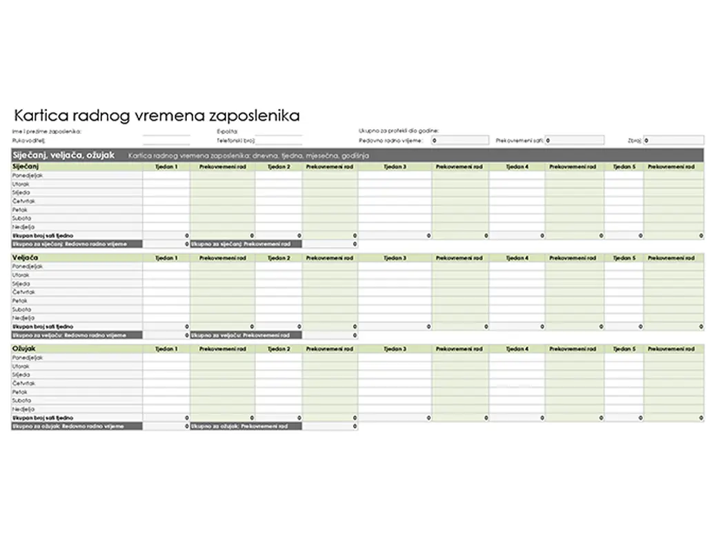 Kartica radnog vremena zaposlenika (dnevna, tjedna, mjesečna i godišnja) modern simple