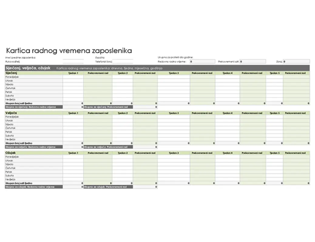 Kartica radnog vremena zaposlenika (dnevna, tjedna, mjesečna i godišnja) green modern simple