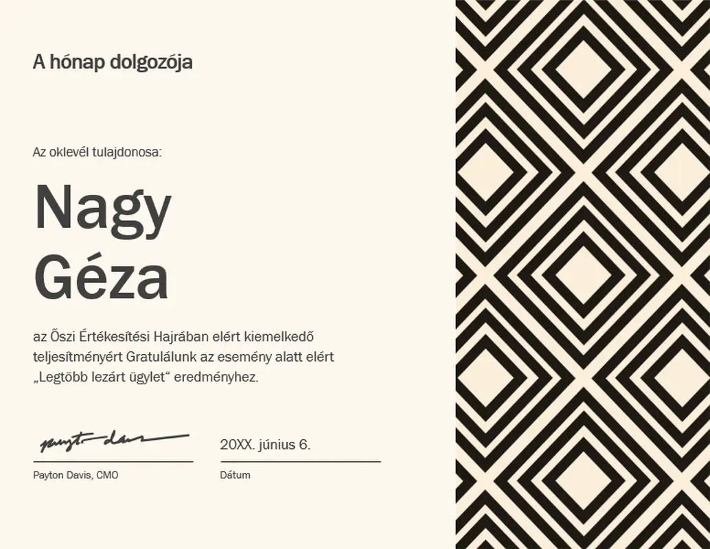 A hónap dolgozója oklevél – gyémánt fokozat  modern-geometric
