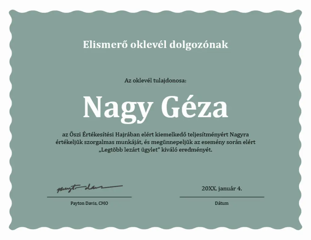 Elismerő oklevél dolgozónak, hullámos szegéllyel  green modern-simple