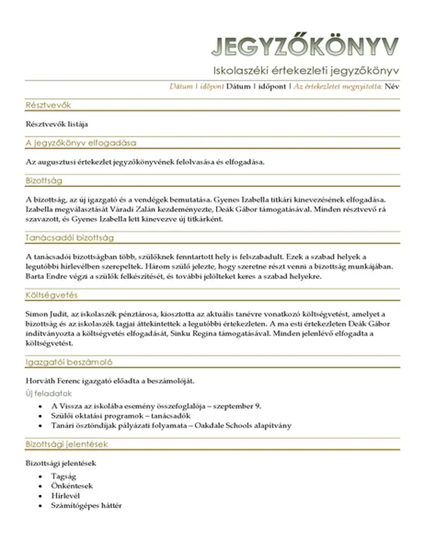 Iskolaszéki értekezleti jegyzőkönyv
