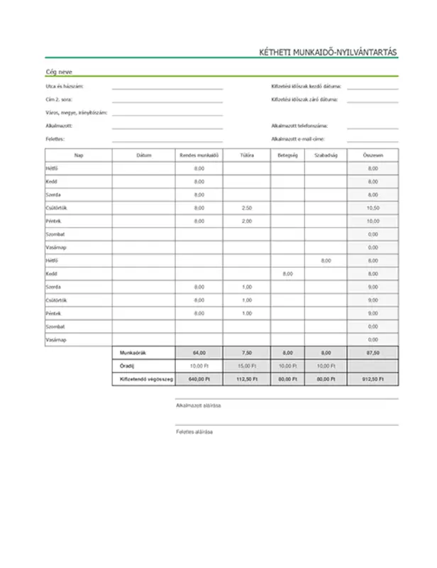 Kétheti munkaidő-nyilvántartás, amelyen rögzítheti a betegszabadságot és a szabadságot is (mintaadatokkal) modern simple