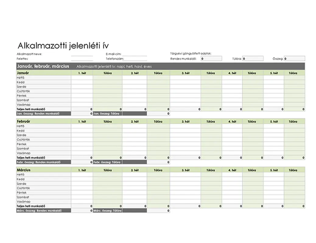Alkalmazotti jelenléti ív (napi, heti, havi és éves) modern simple