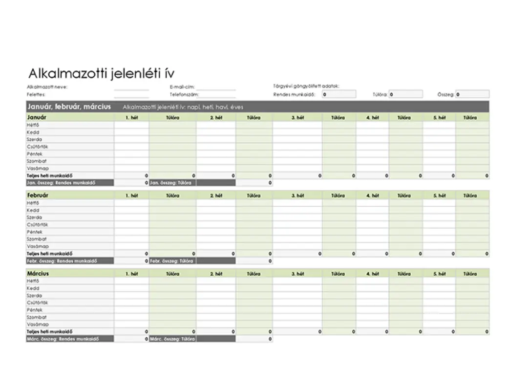 Alkalmazotti jelenléti ív (napi, heti, havi és éves) green modern simple