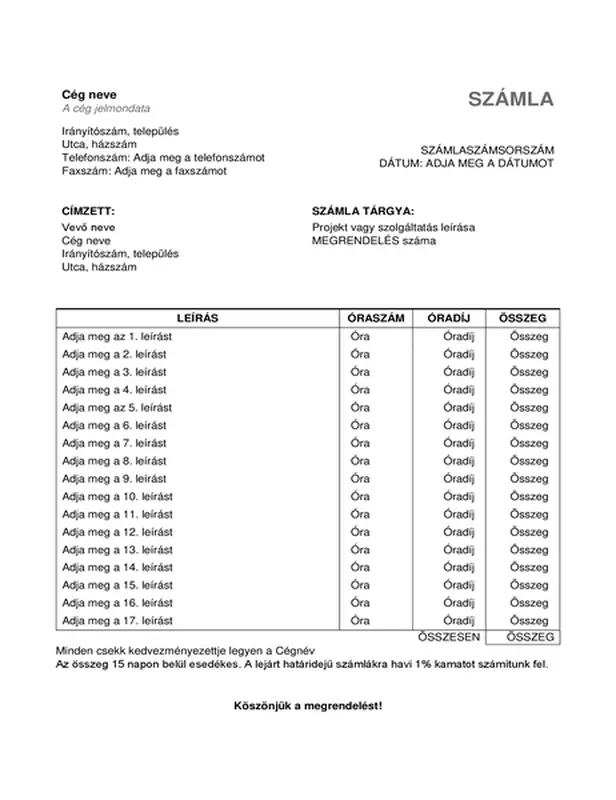Szolgáltatási számla idővel és óradíjjal