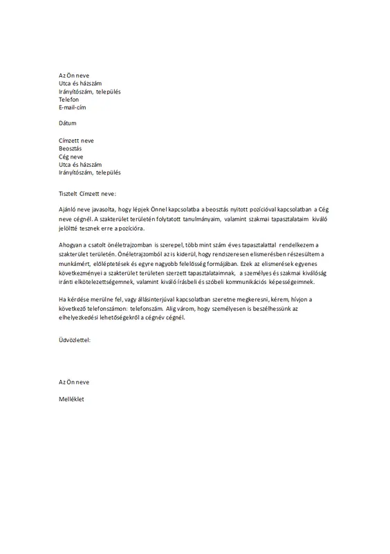 Önéletrajz kísérőlevele ajánlás esetén