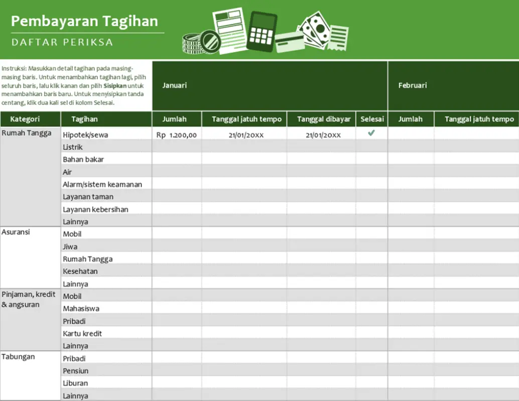 Daftar periksa pembayaran tagihan green modern simple