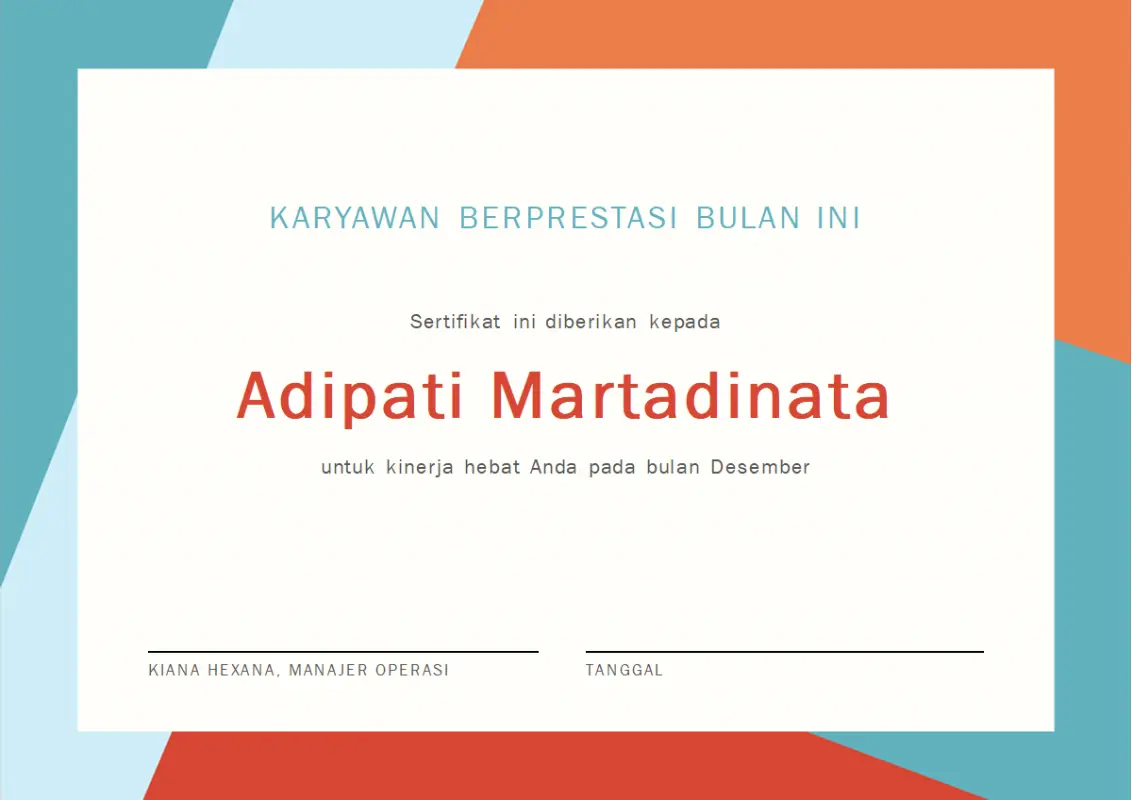 Sertifikat karyawan berprestasi bulan ini orange modern-color-block