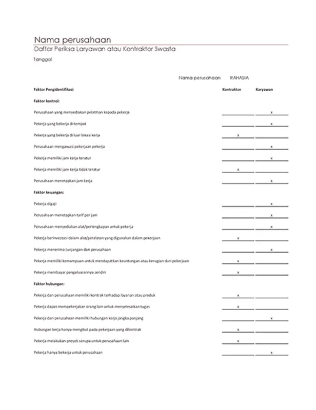 Daftar periksa karyawan atau kontraktor swasta modern simple