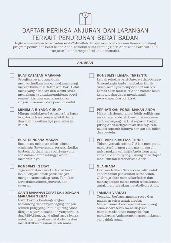 Daftar periksa anjuran dan larangan terkait penurunan berat badan blue modern-simple