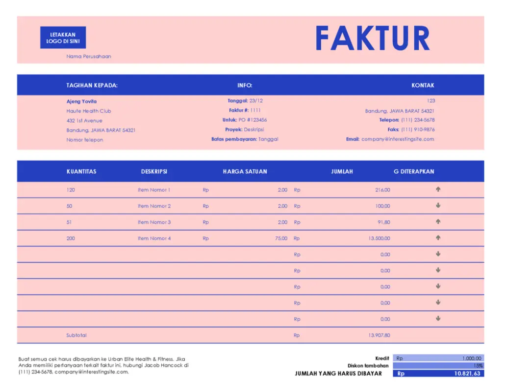 Faktur penjualan bisnis kecil pink modern simple