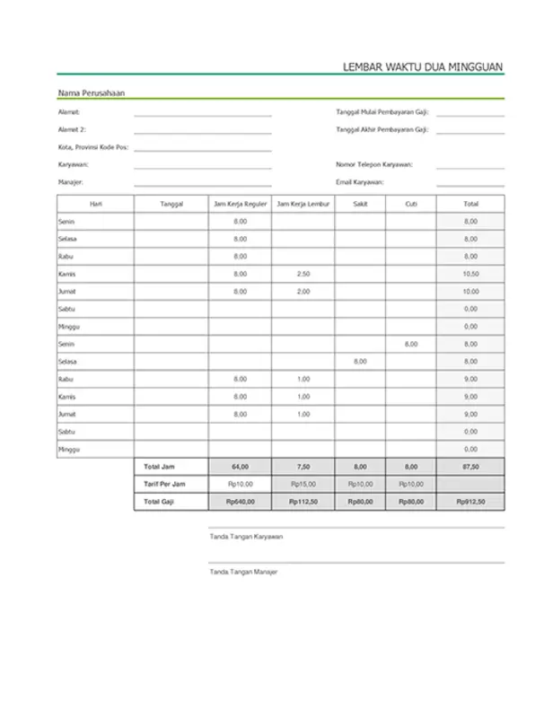 Lembar waktu dua mingguan dengan cuti sakit dan liburan (dengan contoh data) modern simple