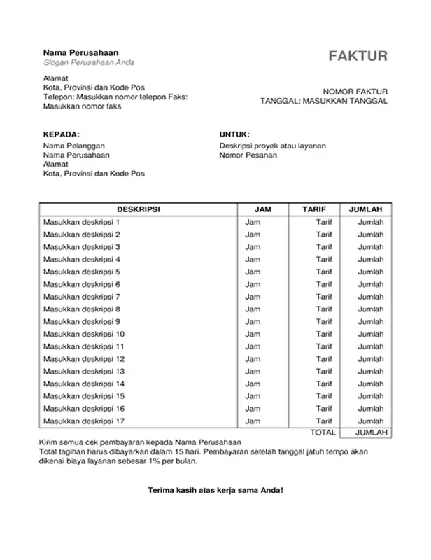 Faktur jasa yang berisi jam dan tarif
