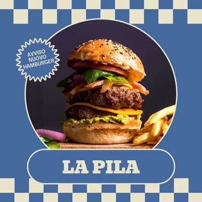 Avviso di nuovo hamburger blue retro,monochromatic,checkers,simple,bold,graphic
