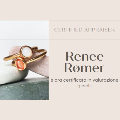 Certificato in valutazione della gioielliere brown clean,minimal,frame,elegant,neutral,asymmetrical