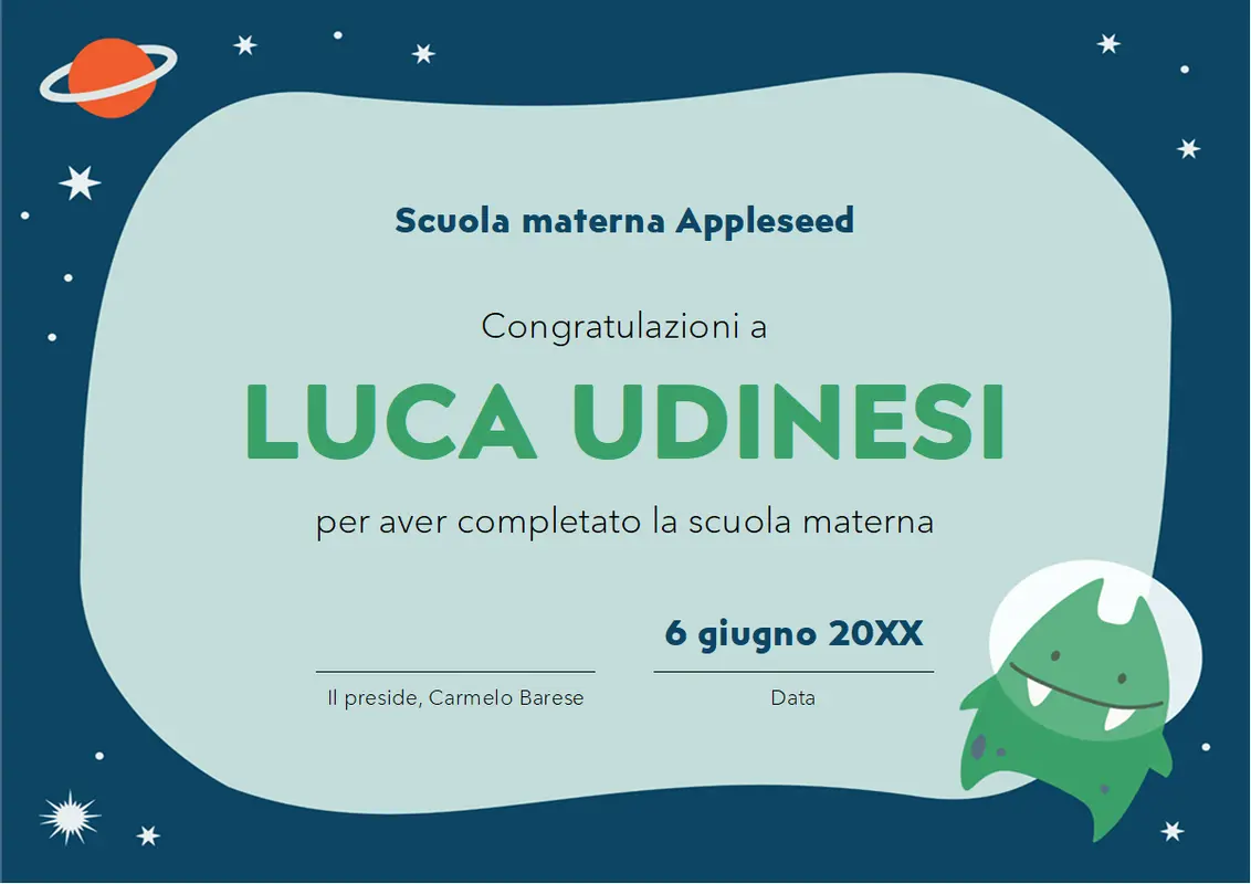 Certificato di diploma della scuola materna