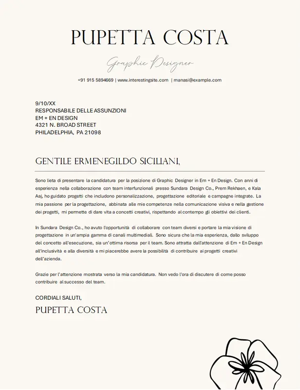 Lettera di presentazione elegante per graphic design