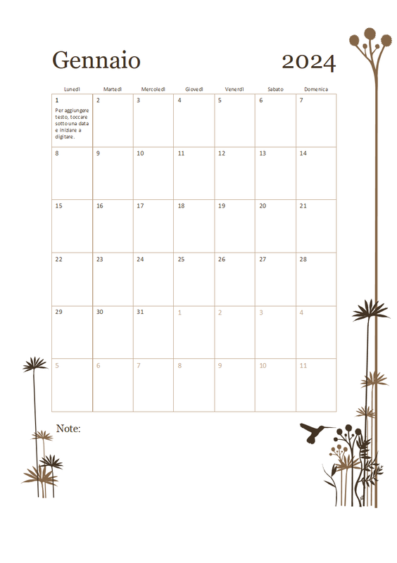 Calendario colibrì 12 mesi (lun-dom) brown modern-simple