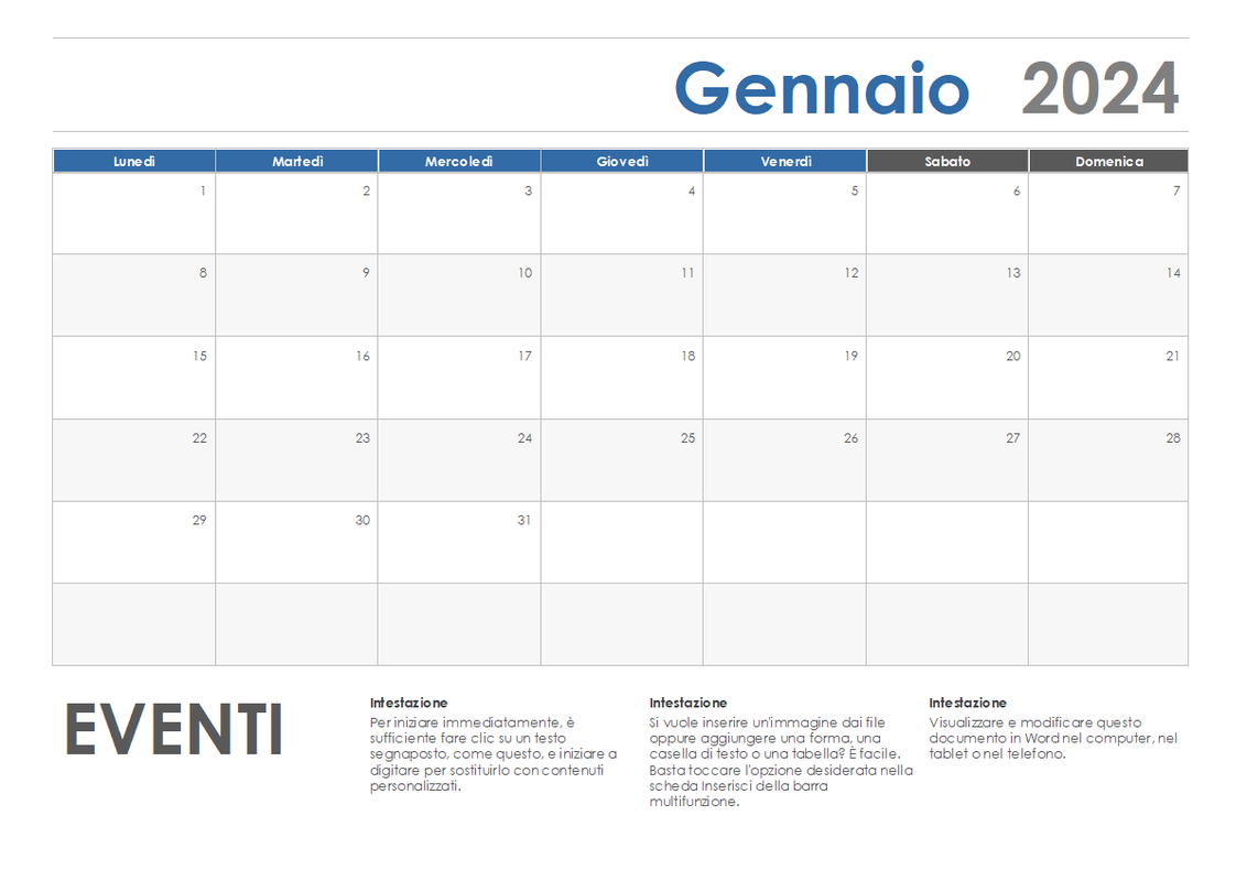 Calendario orizzontale (inizio lunedì) blue modern-simple