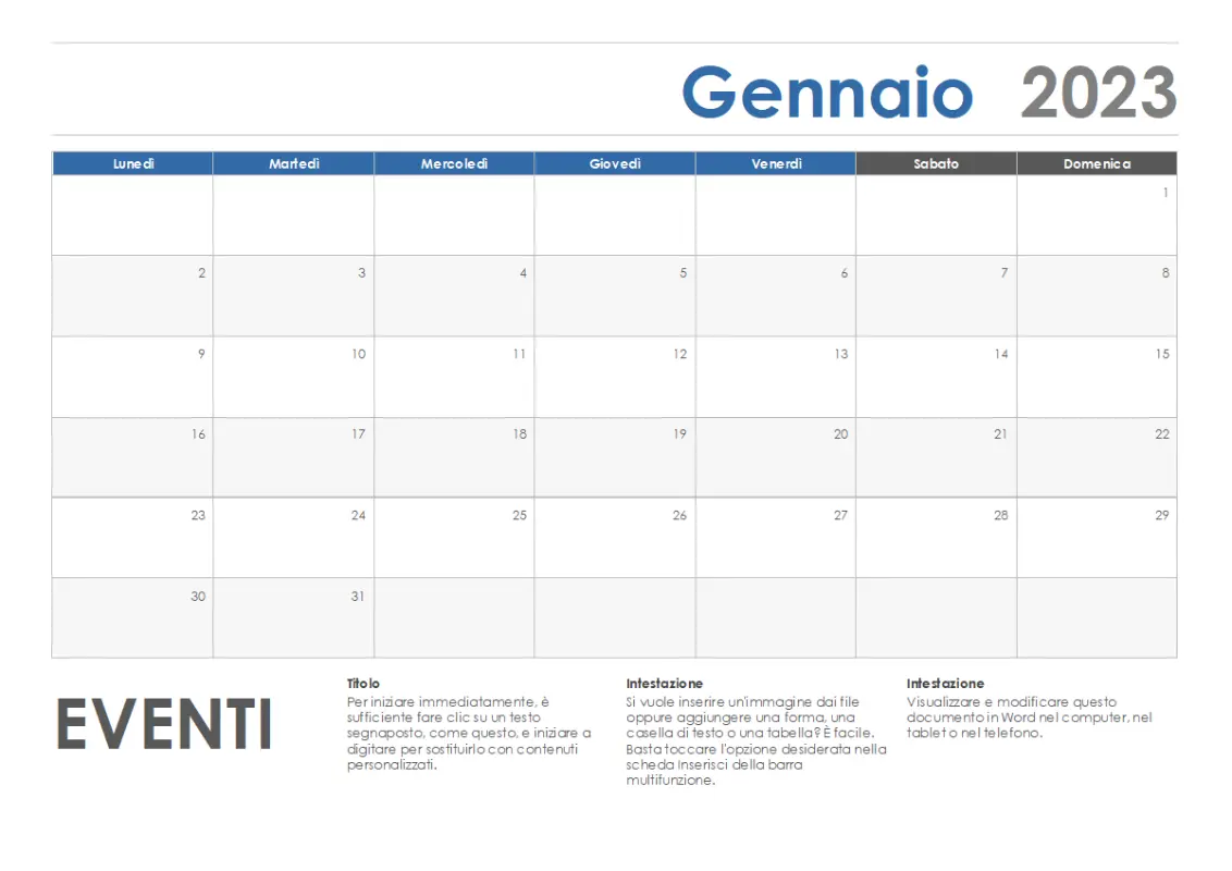 Calendario orizzontale (inizio lunedì) blue modern-simple