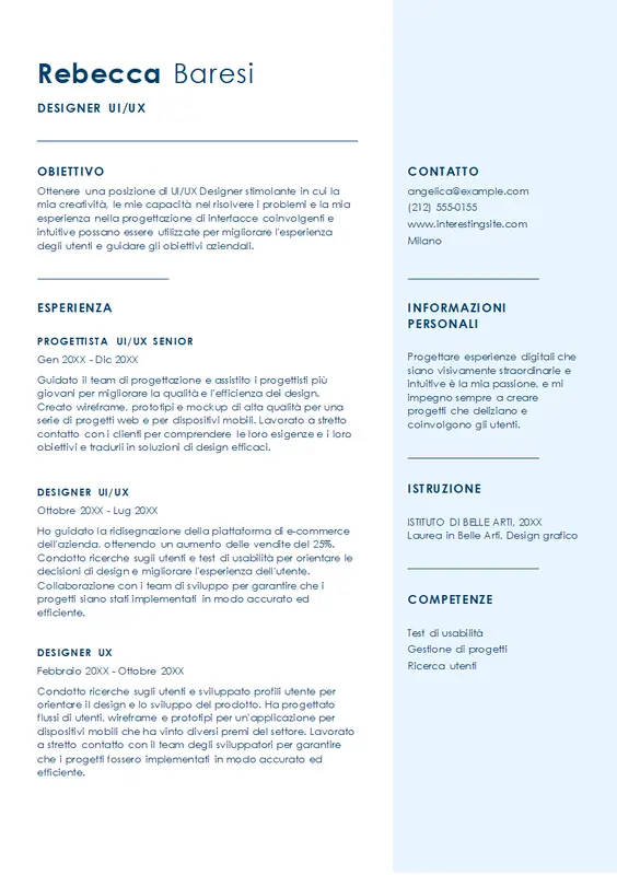 Curriculum semplice per un designer UI/UX