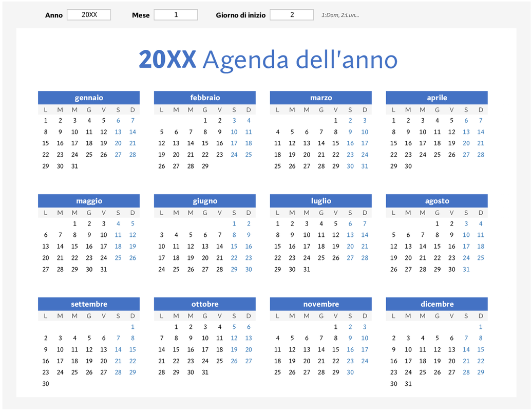 Calendario annuale (orizzontale) blue modern-simple