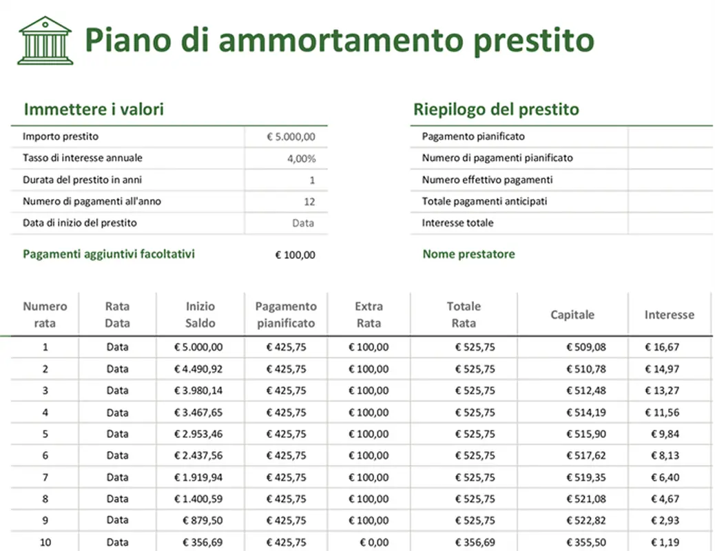 Piano di ammortamento prestito modern-simple