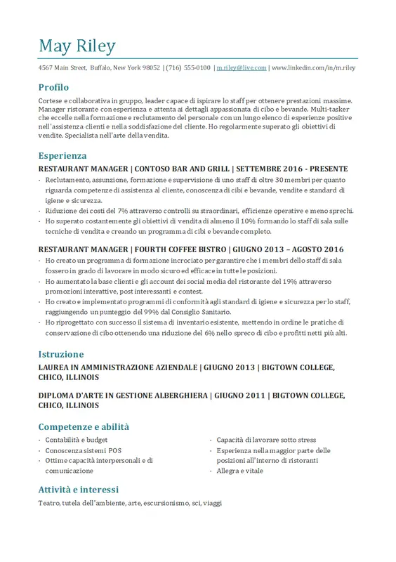 Curriculum per gestore di ristorante modern-simple