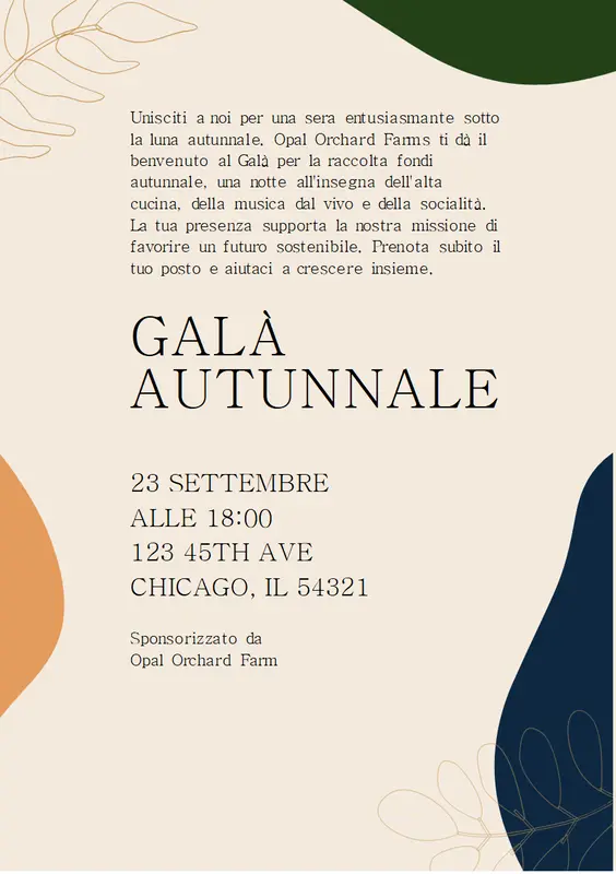 Volantino per evento autunnale (con foglie) organic boho
