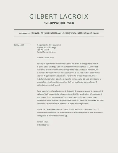 Lettera di presentazione per sviluppatori Web moderna