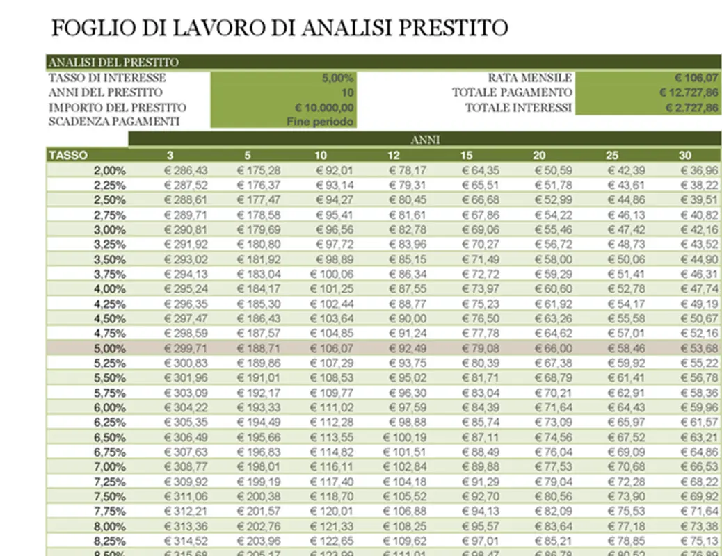 Foglio di lavoro di analisi prestito
