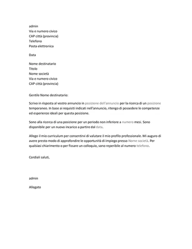 Lettera di presentazione per curriculum per un lavoro temporaneo