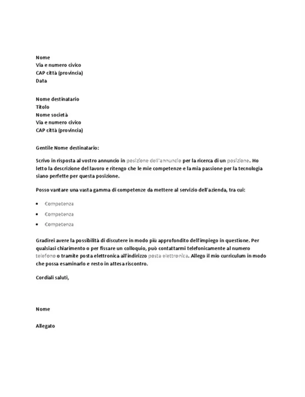 Esempio di lettera di presentazione in risposta a un annuncio per una posizione tecnica
