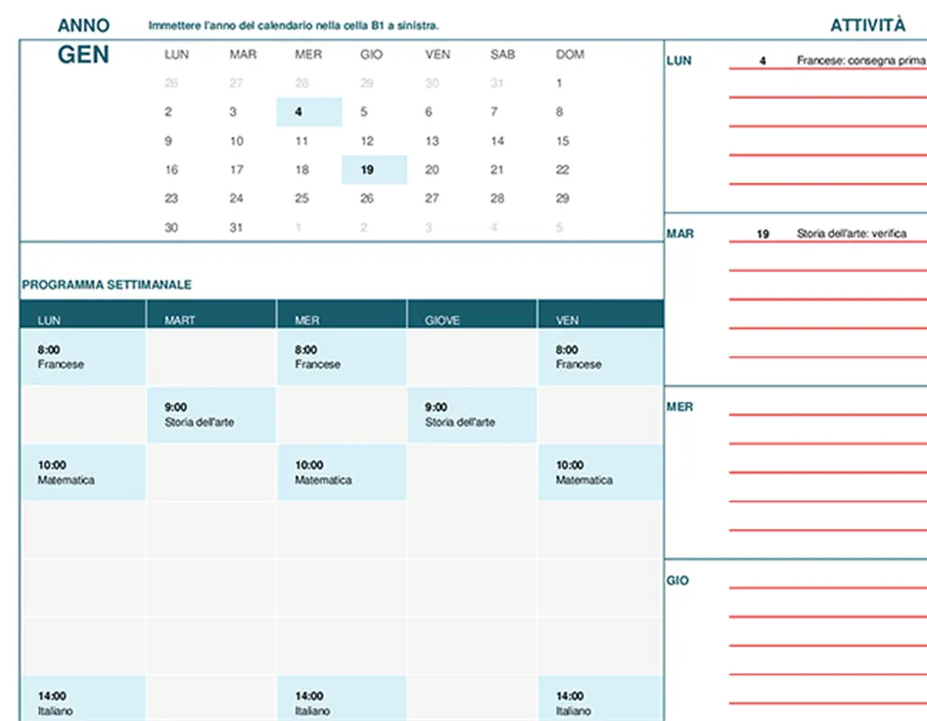 Calendario dello studente (lun) modern-simple