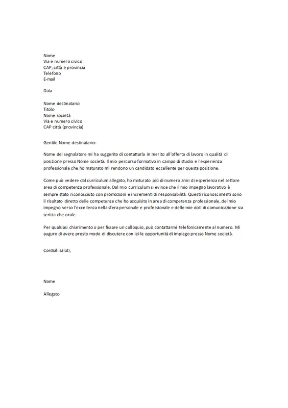 Riprendere la lettera di presentazione quando indicato