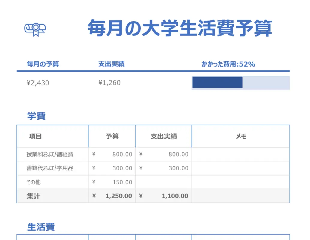 毎月の大学生活費予算 blue modern-simple