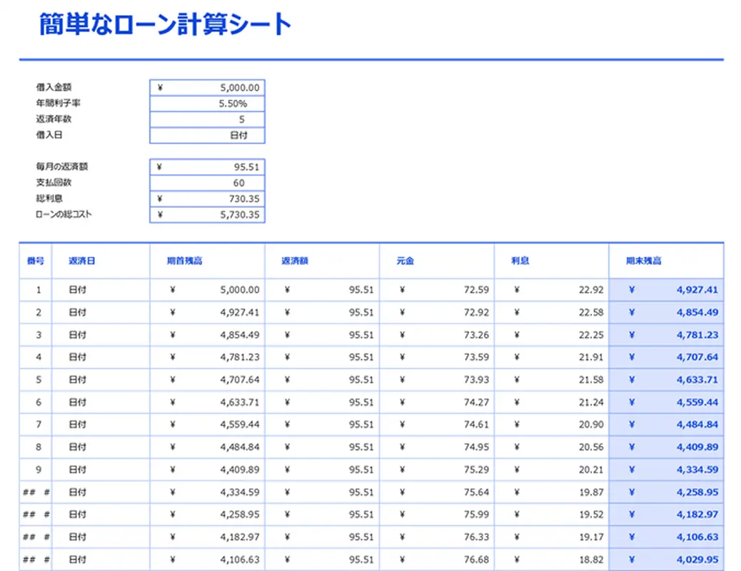 簡単なローン計算シートと償却テーブル modern simple