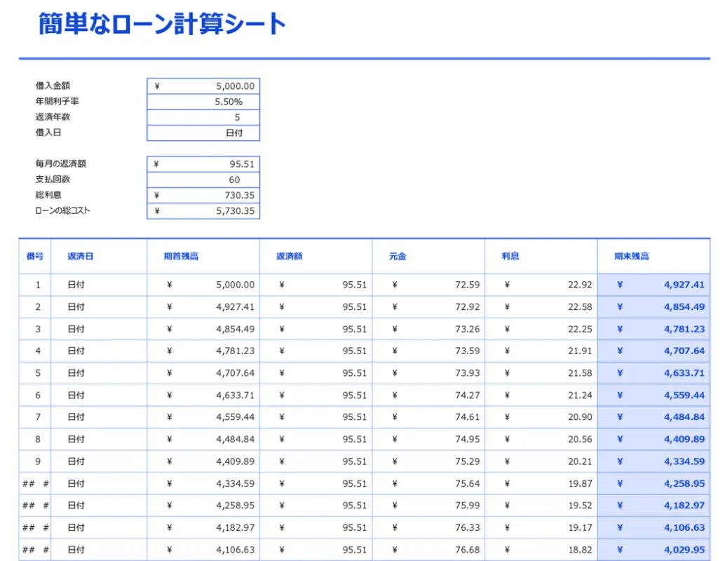 簡単なローン計算シートと償却テーブル blue modern simple